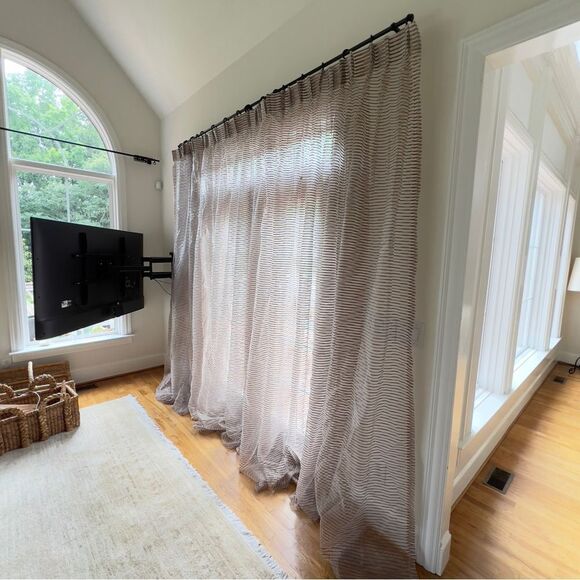 Sheer Pleated Curtain Light Beige Base With Brown Stripes One Panel - Picture 2 of 8